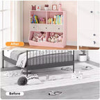 Bibliothèque pour enfants avec rangement de jouets - Étagère en bois à 4 casiers avec 3 tiroirs et bacs à jouets inclinés pour chambre d'enfant, salle de jeux (rose)