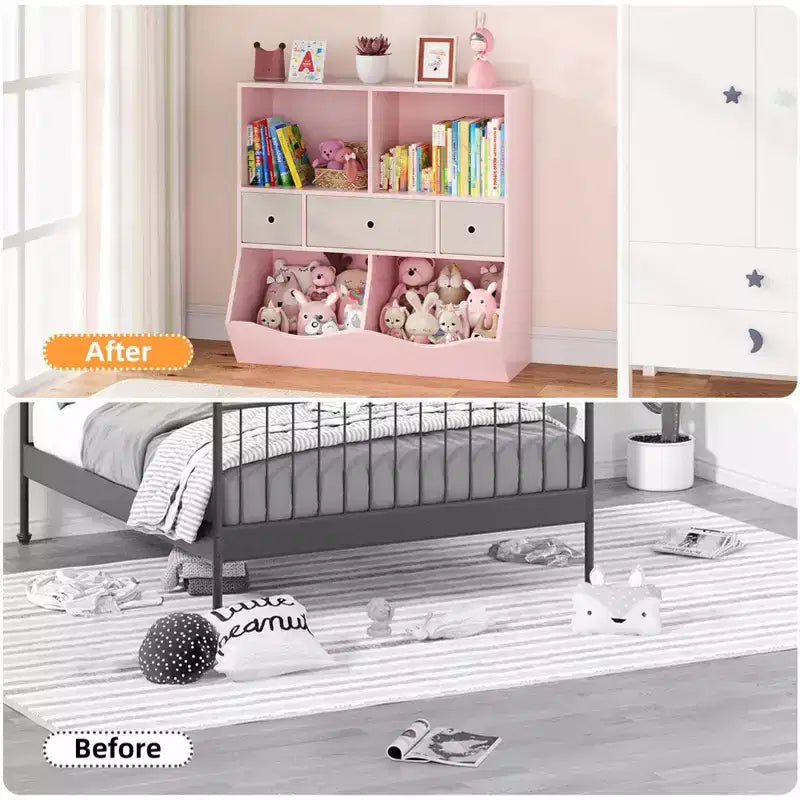 Bibliothèque pour enfants avec rangement de jouets - Étagère en bois à 4 casiers avec 3 tiroirs et bacs à jouets inclinés pour chambre d'enfant, salle de jeux (rose)