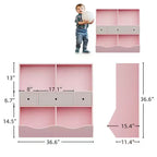 Bibliothèque pour enfants avec rangement de jouets - Étagère en bois à 4 casiers avec 3 tiroirs et bacs à jouets inclinés pour chambre d'enfant, salle de jeux (rose)