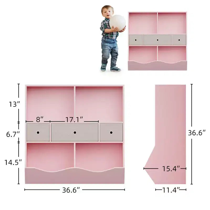 Bibliothèque pour enfants avec rangement de jouets - Étagère en bois à 4 casiers avec 3 tiroirs et bacs à jouets inclinés pour chambre d'enfant, salle de jeux (rose)