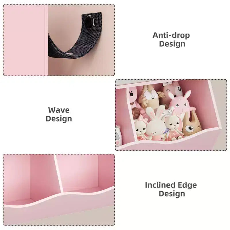 Bibliothèque pour enfants avec rangement de jouets - Étagère en bois à 4 casiers avec 3 tiroirs et bacs à jouets inclinés pour chambre d'enfant, salle de jeux (rose)