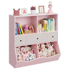 Bibliothèque pour enfants avec rangement de jouets - Étagère en bois à 4 casiers avec 3 tiroirs et bacs à jouets inclinés pour chambre d'enfant, salle de jeux (rose)