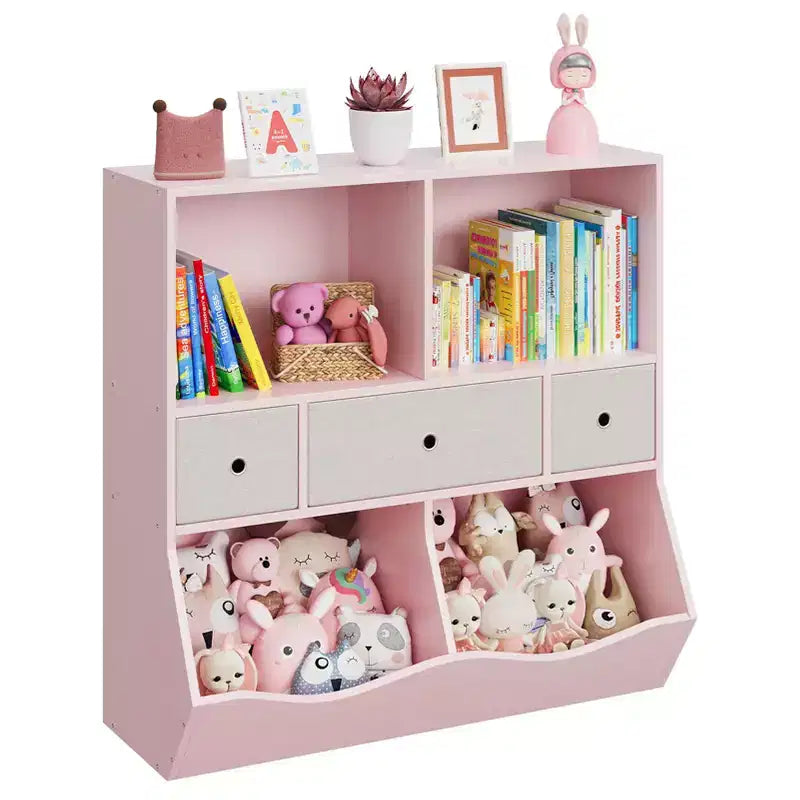Bibliothèque pour enfants avec rangement de jouets - Étagère en bois à 4 casiers avec 3 tiroirs et bacs à jouets inclinés pour chambre d'enfant, salle de jeux (rose)