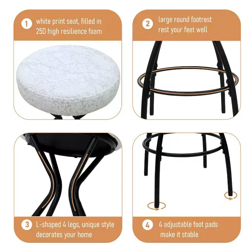 MAYEERTY Lot de 2 tabourets de bar 73,7 cm à imprimé floral - Tabourets de bar ronds rembourrés avec repose-pieds pour cuisine/salle à manger (noir et blanc)