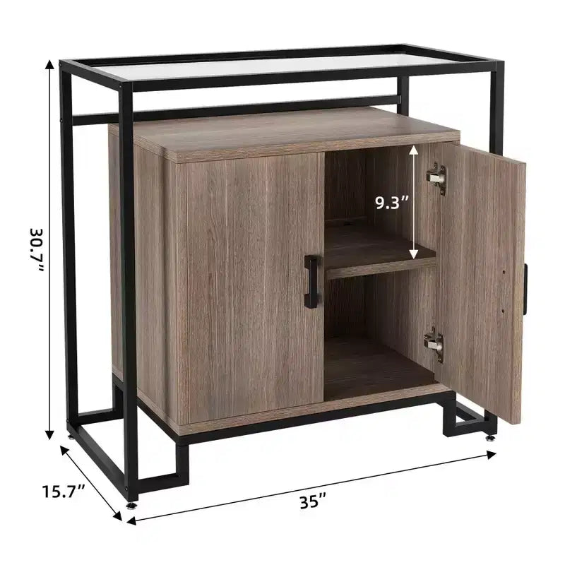 Meuble en bois à trois couches avec verre trempé, buffet avec cadre en acier noir, marron