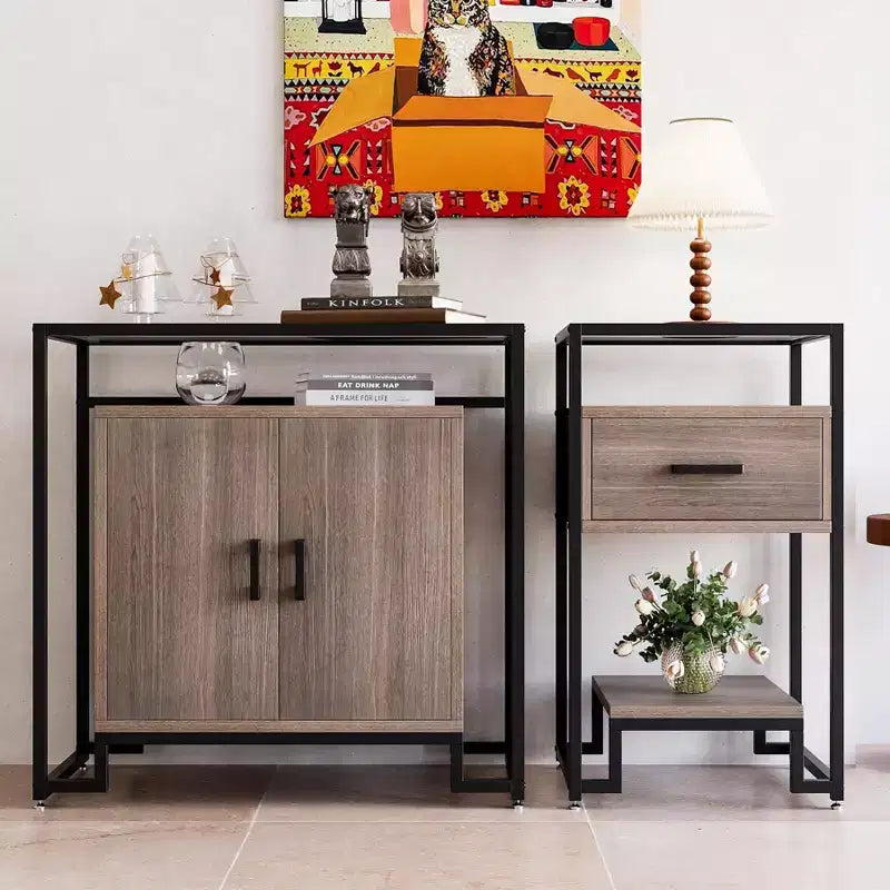 Meuble en bois à trois couches avec verre trempé, buffet avec cadre en acier noir, marron