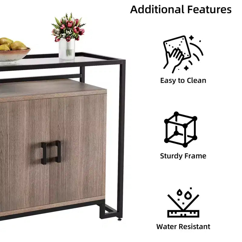 Meuble en bois à trois couches avec verre trempé, buffet avec cadre en acier noir, marron