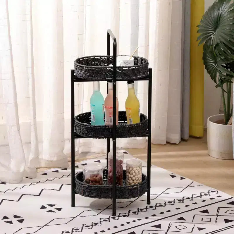 MAYEERTY Table d'appoint 3 niveaux en corde de papier tressée, paniers de rangement ovales, pour salon ou cuisine, Noir