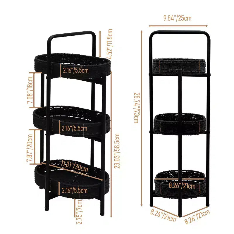 MAYEERTY Table d'appoint 3 niveaux en corde de papier tressée, paniers de rangement ovales, pour salon ou cuisine, Noir