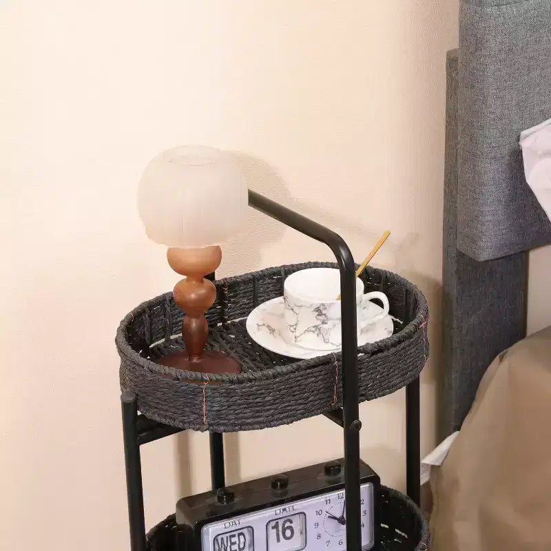 MAYEERTY Table d'appoint 3 niveaux en corde de papier tressée, paniers de rangement ovales, pour salon ou cuisine, Noir