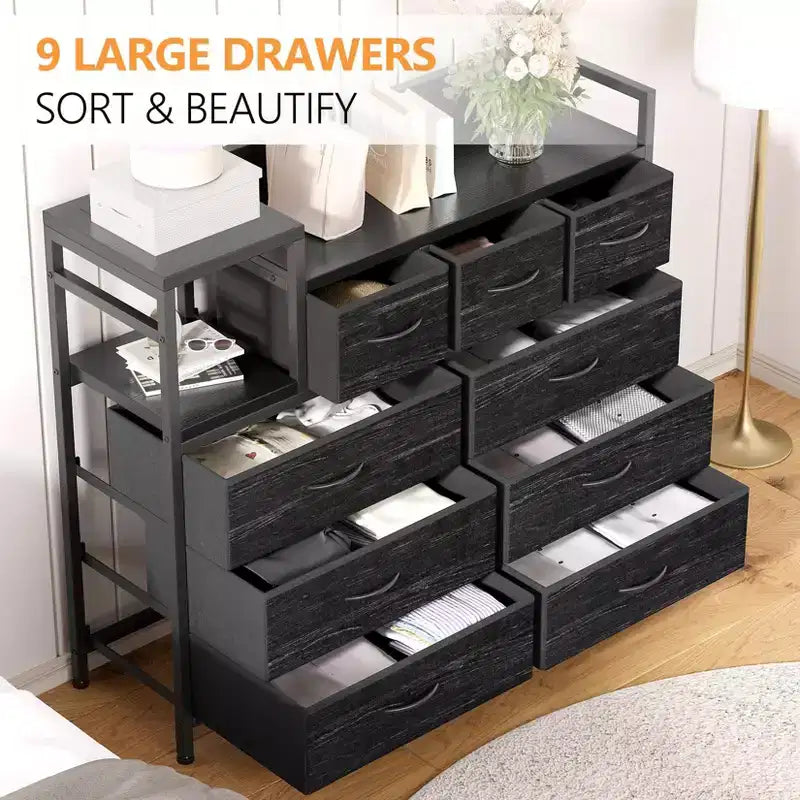Meuble TV avec station de charge - Commode moderne à 8 tiroirs avec plateau en bois, ports USB et prises de courant, armoire de rangement