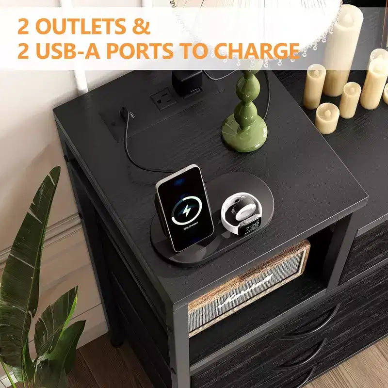 Meuble TV avec station de charge - Commode moderne à 8 tiroirs avec plateau en bois, ports USB et prises de courant, armoire de rangement