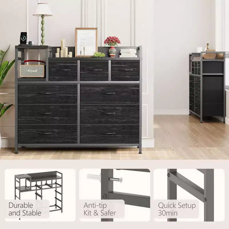 Meuble TV avec station de charge - Commode moderne à 8 tiroirs avec plateau en bois, ports USB et prises de courant, armoire de rangement
