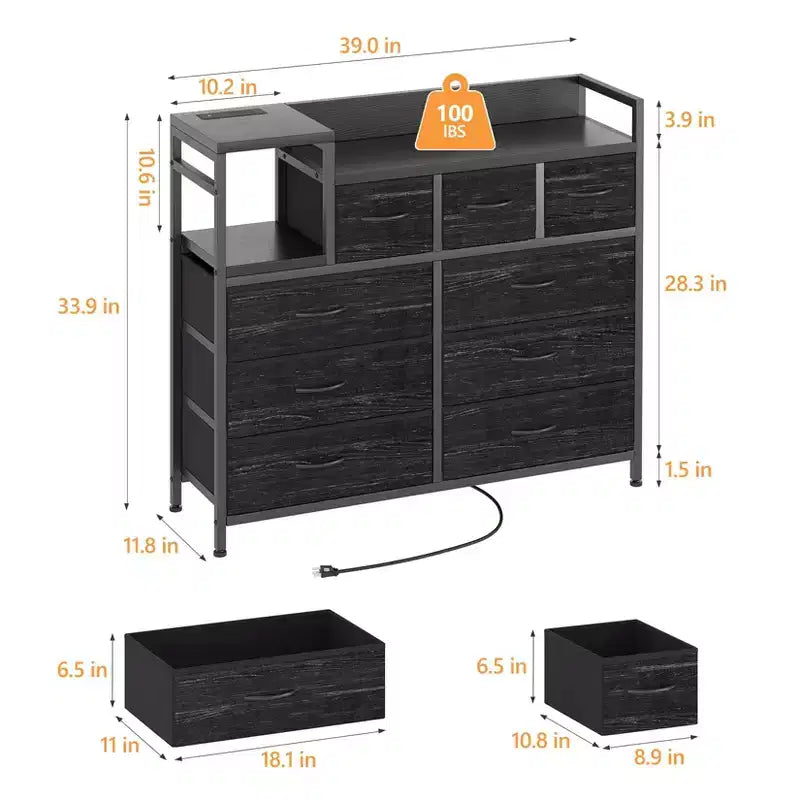 Meuble TV avec station de charge - Commode moderne à 8 tiroirs avec plateau en bois, ports USB et prises de courant, armoire de rangement