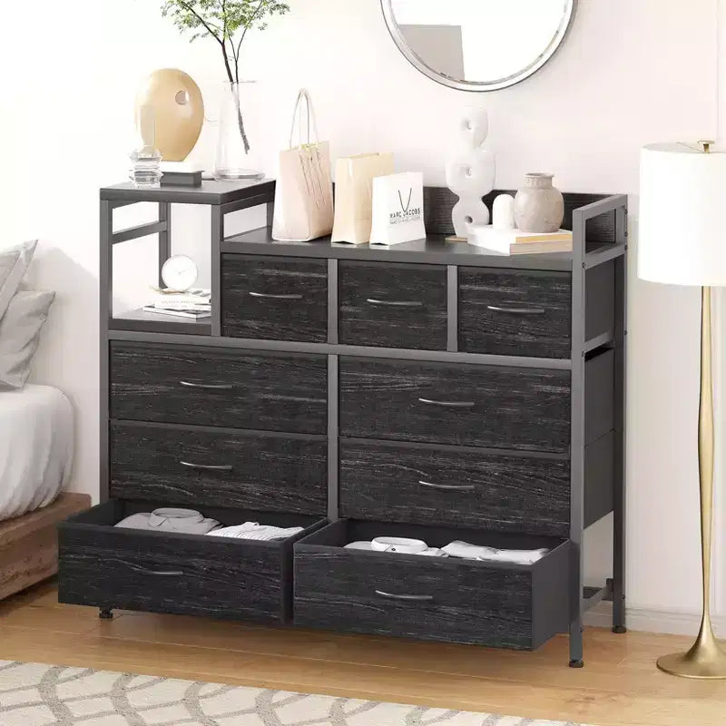 Meuble TV avec station de charge - Commode moderne à 8 tiroirs avec plateau en bois, ports USB et prises de courant, armoire de rangement