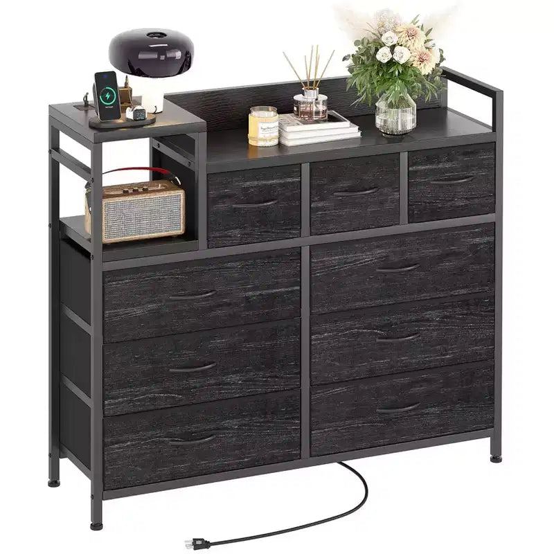 Meuble TV avec station de charge - Commode moderne à 8 tiroirs avec plateau en bois, ports USB et prises de courant, armoire de rangement