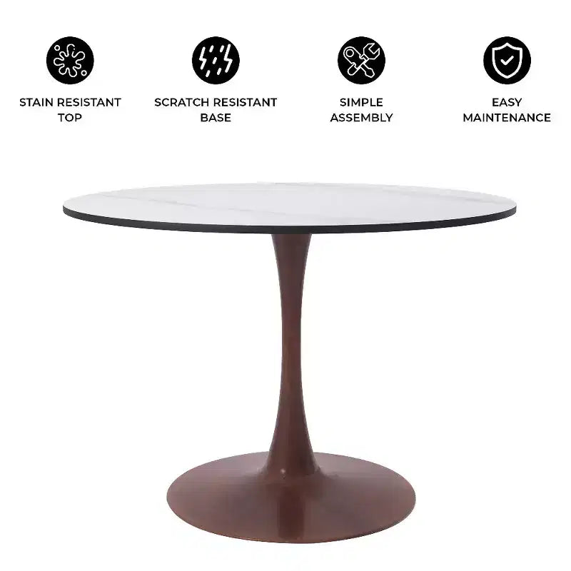 Table à manger ronde LeisureMod Bristol 40 avec plateau en pierre frittée et piédestal en acier noyer pour cuisine et salle à manger modernes