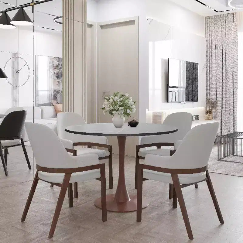 Table à manger ronde LeisureMod Bristol 40 avec plateau en pierre frittée et piédestal en acier noyer pour cuisine et salle à manger modernes