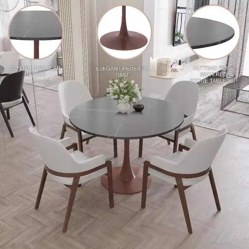 Table à manger ronde LeisureMod Bristol 40 avec plateau en pierre frittée et piédestal en acier noyer pour cuisine et salle à manger modernes