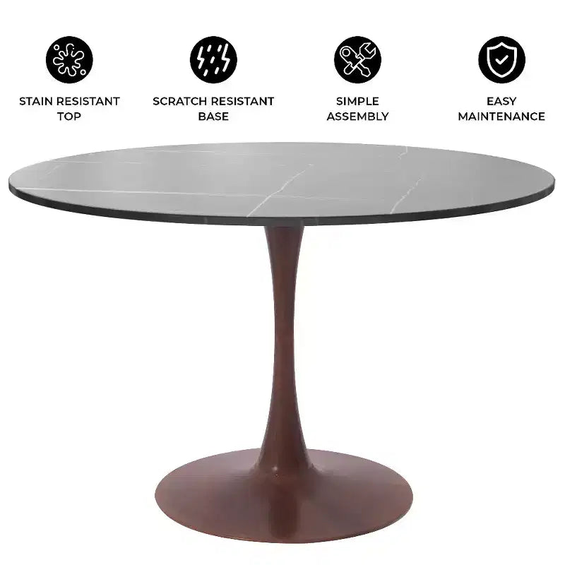 Table à manger ronde LeisureMod Bristol 40 avec plateau en pierre frittée et piédestal en acier noyer pour cuisine et salle à manger modernes