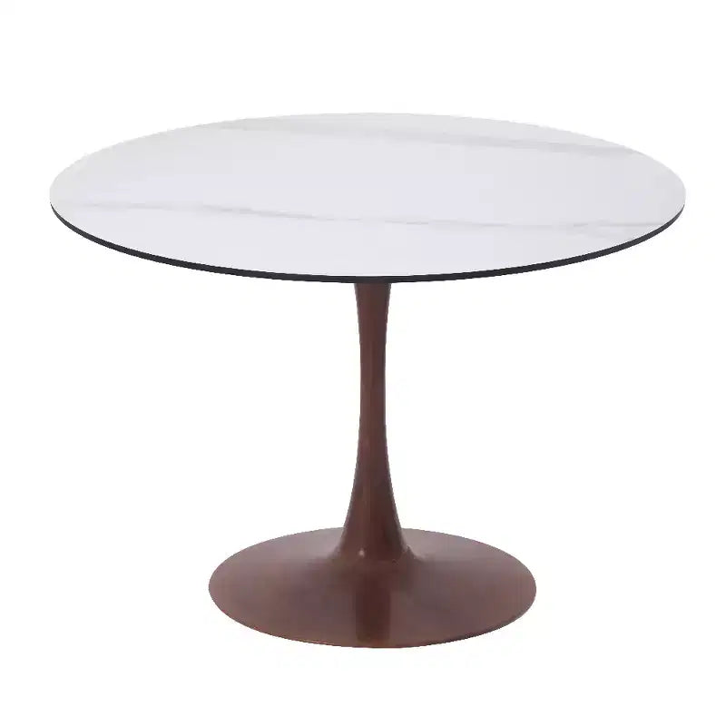 Table à manger ronde LeisureMod Bristol 40 avec plateau en pierre frittée et piédestal en acier noyer pour cuisine et salle à manger modernes