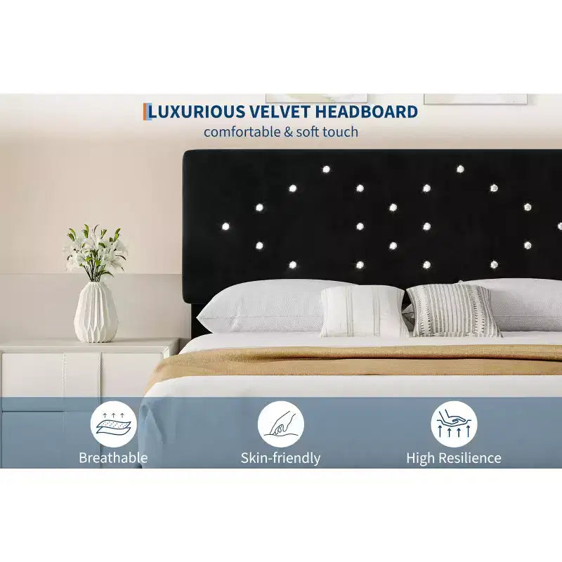 Cadre de lit en velours GustoWave, capitonnage vertical et lattes en bois robustes