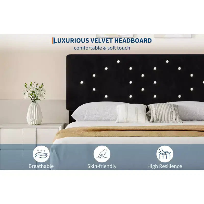 Cadre de lit en velours GustoWave, capitonnage vertical et lattes en bois robustes