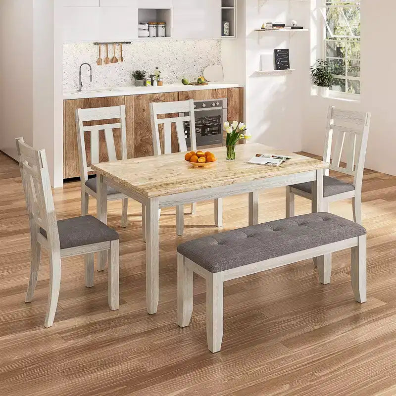 VECELO 6-Piece Wooden Dining Table Set, Dining Table with 4 Armless Upholstered Dining Chairs & Bench for Kitchen, Rubber Wood Legs, Gray