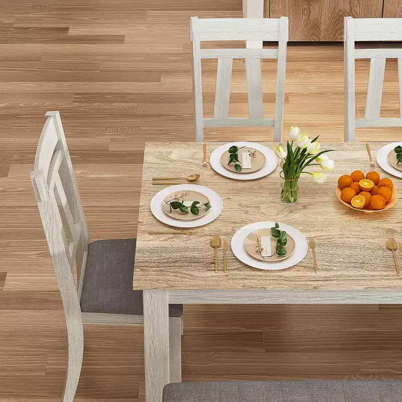 Ensemble de salle à manger VECELO 6 pièces en bois, table de salle à manger avec 4 chaises de salle à manger rembourrées sans accoudoirs et banc pour cuisine, pieds en bois d'hévéa, gris