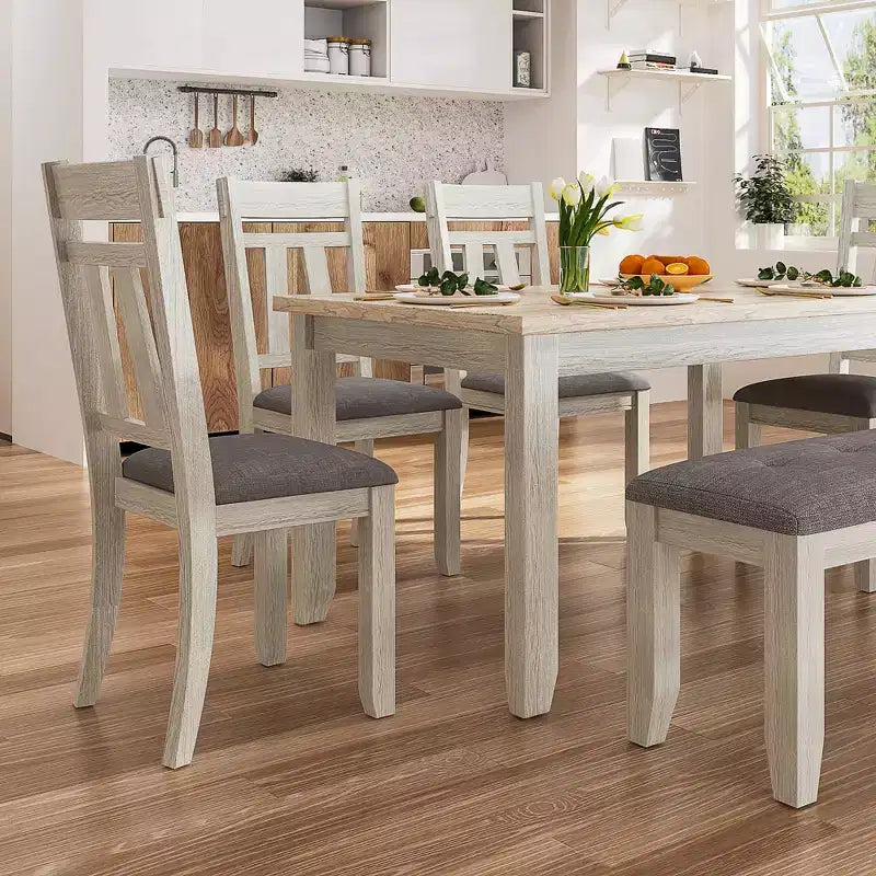 Ensemble de salle à manger VECELO 6 pièces en bois, table de salle à manger avec 4 chaises de salle à manger rembourrées sans accoudoirs et banc pour cuisine, pieds en bois d'hévéa, gris