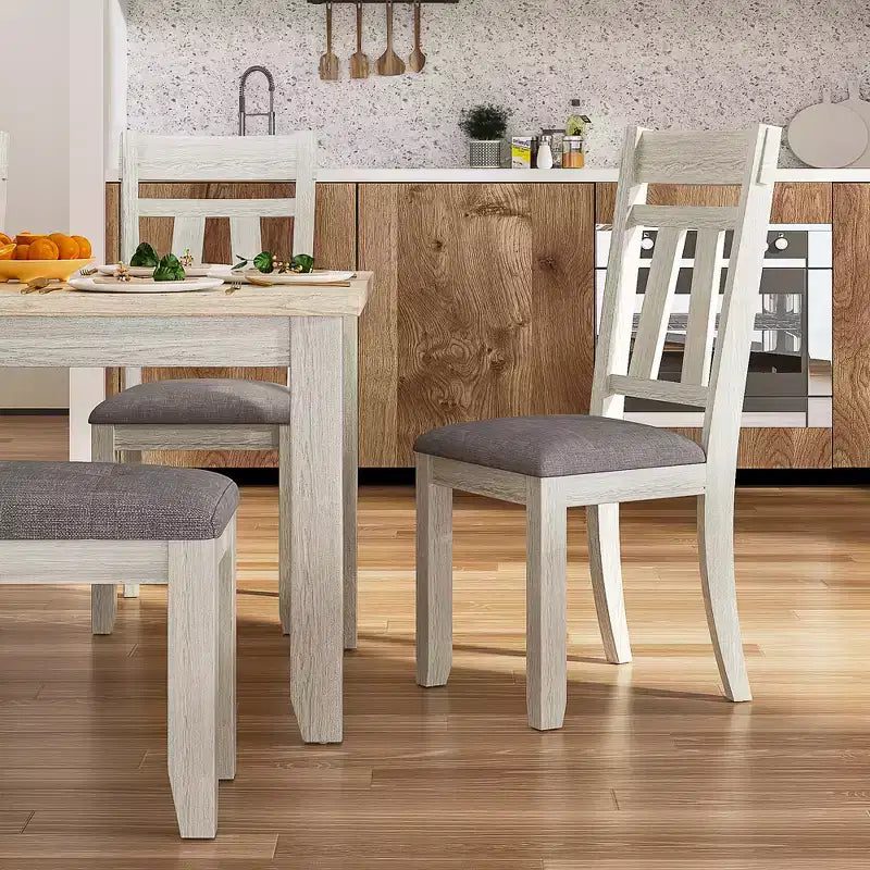 Ensemble de salle à manger VECELO 6 pièces en bois, table de salle à manger avec 4 chaises de salle à manger rembourrées sans accoudoirs et banc pour cuisine, pieds en bois d'hévéa, gris