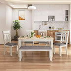 Ensemble de salle à manger VECELO 6 pièces en bois, table de salle à manger avec 4 chaises de salle à manger rembourrées sans accoudoirs et banc pour cuisine, pieds en bois d'hévéa, gris