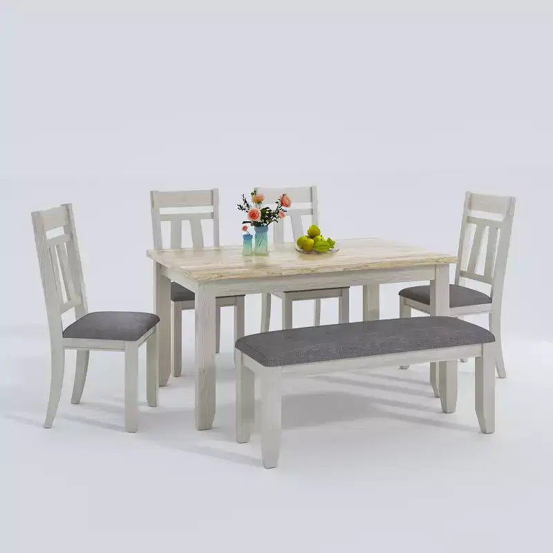 Ensemble de salle à manger VECELO 6 pièces en bois, table de salle à manger avec 4 chaises de salle à manger rembourrées sans accoudoirs et banc pour cuisine, pieds en bois d'hévéa, gris