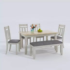 Ensemble de salle à manger VECELO 6 pièces en bois, table de salle à manger avec 4 chaises de salle à manger rembourrées sans accoudoirs et banc pour cuisine, pieds en bois d'hévéa, gris