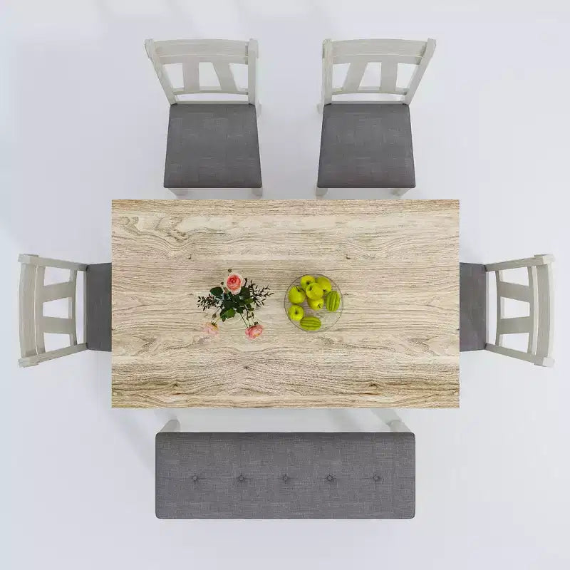 Ensemble de salle à manger VECELO 6 pièces en bois, table de salle à manger avec 4 chaises de salle à manger rembourrées sans accoudoirs et banc pour cuisine, pieds en bois d'hévéa, gris