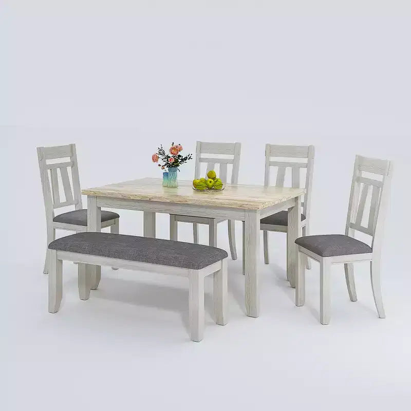 Ensemble de salle à manger VECELO 6 pièces en bois, table de salle à manger avec 4 chaises de salle à manger rembourrées sans accoudoirs et banc pour cuisine, pieds en bois d'hévéa, gris