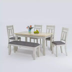 Ensemble de salle à manger VECELO 6 pièces en bois, table de salle à manger avec 4 chaises de salle à manger rembourrées sans accoudoirs et banc pour cuisine, pieds en bois d'hévéa, gris