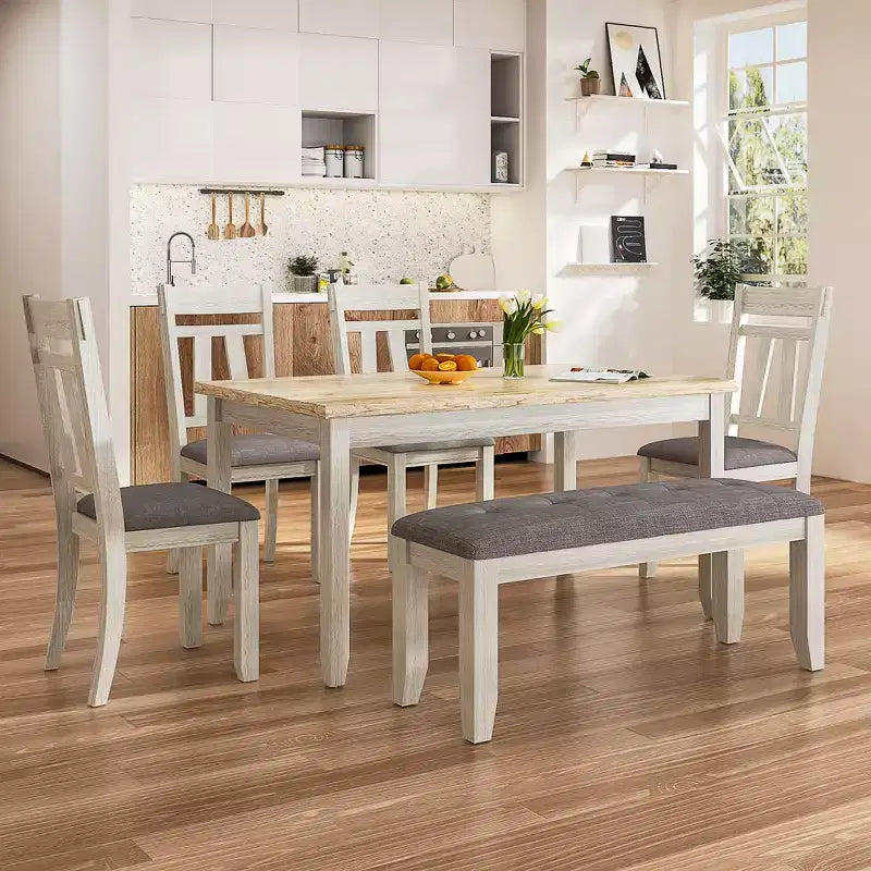Ensemble de salle à manger VECELO 6 pièces en bois, table de salle à manger avec 4 chaises de salle à manger rembourrées sans accoudoirs et banc pour cuisine, pieds en bois d'hévéa, gris