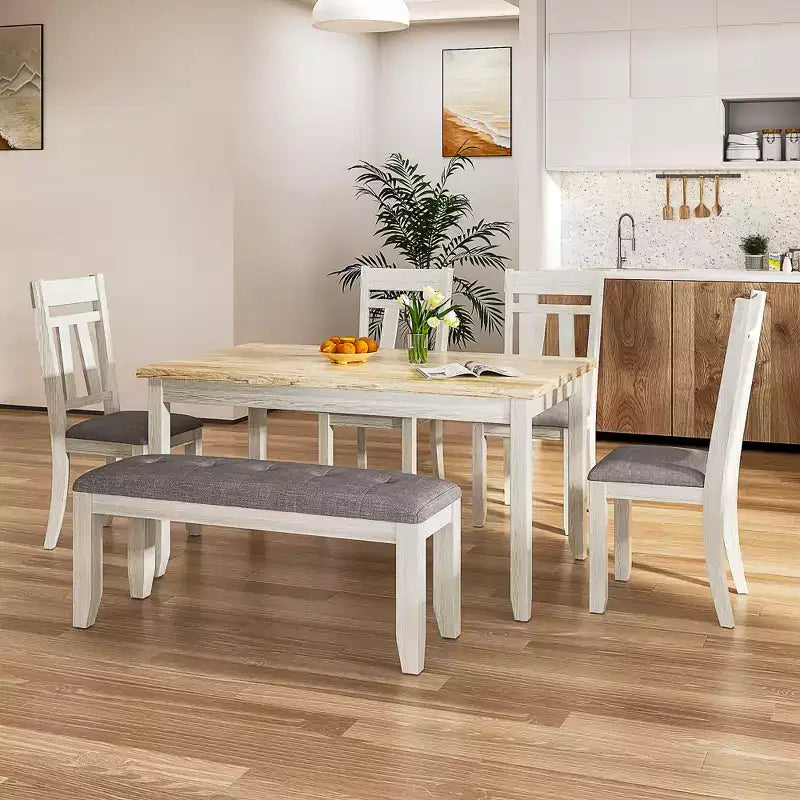 Ensemble de salle à manger VECELO 6 pièces en bois, table de salle à manger avec 4 chaises de salle à manger rembourrées sans accoudoirs et banc pour cuisine, pieds en bois d'hévéa, gris