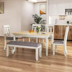 Ensemble de salle à manger VECELO 6 pièces en bois, table de salle à manger avec 4 chaises de salle à manger rembourrées sans accoudoirs et banc pour cuisine, pieds en bois d'hévéa, gris