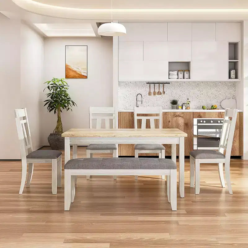 Ensemble de salle à manger VECELO 6 pièces en bois, table de salle à manger avec 4 chaises de salle à manger rembourrées sans accoudoirs et banc pour cuisine, pieds en bois d'hévéa, gris