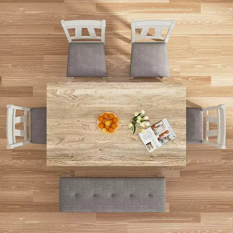 Ensemble de salle à manger VECELO 6 pièces en bois, table de salle à manger avec 4 chaises de salle à manger rembourrées sans accoudoirs et banc pour cuisine, pieds en bois d'hévéa, gris