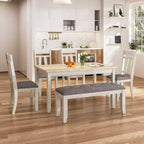 Ensemble de salle à manger VECELO 6 pièces en bois, table de salle à manger avec 4 chaises de salle à manger rembourrées sans accoudoirs et banc pour cuisine, pieds en bois d'hévéa, gris