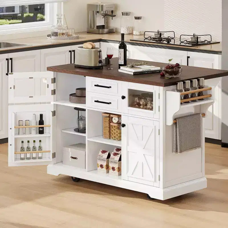 Îlot de cuisine Whisen 54.9, abattant, prise de courant, portes de grange croisées et 4 roulettes
