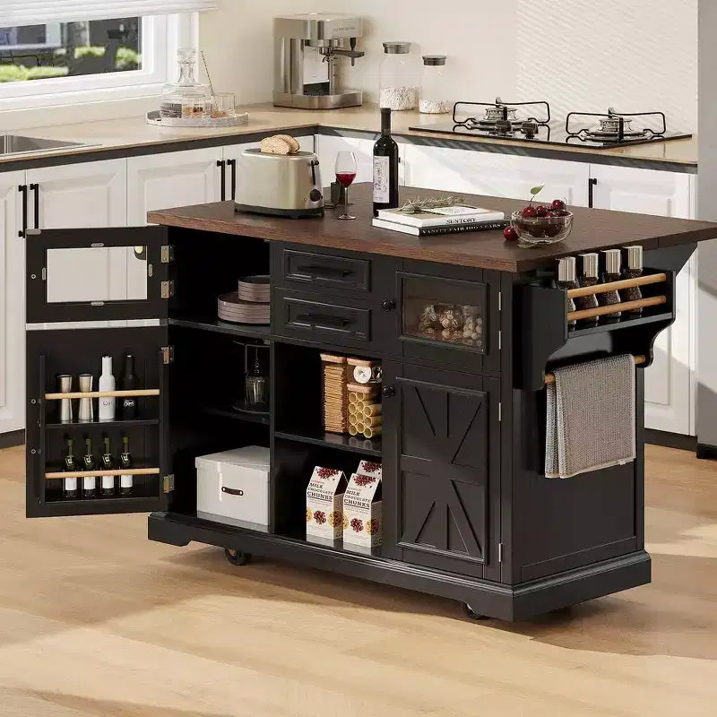 Îlot de cuisine Whisen 54.9, abattant, prise de courant, portes de grange croisées et 4 roulettes