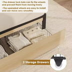 Cadre de lit Boho en rotin naturel avec tête de lit en bois, 2 tiroirs de rangement, lumières LED RVB, plateforme robuste avec lattes, aucun sommier tapissier requis