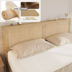 Cadre de lit Boho en rotin naturel avec tête de lit en bois, 2 tiroirs de rangement, lumières LED RVB, plateforme robuste avec lattes, aucun sommier tapissier requis