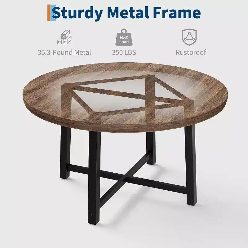 CuisinSmart Table à Manger Ronde de 120 cm, Table à Dîner Industrielle pour 4 à 6 Personnes, Table de Cuisine en Bois avec Cadre Métallique Robuste et Finition Rustique