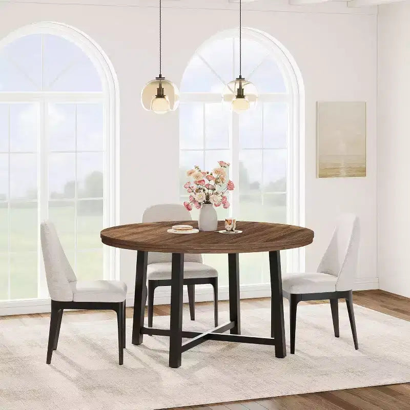 CuisinSmart Table à Manger Ronde de 120 cm, Table à Dîner Industrielle pour 4 à 6 Personnes, Table de Cuisine en Bois avec Cadre Métallique Robuste et Finition Rustique