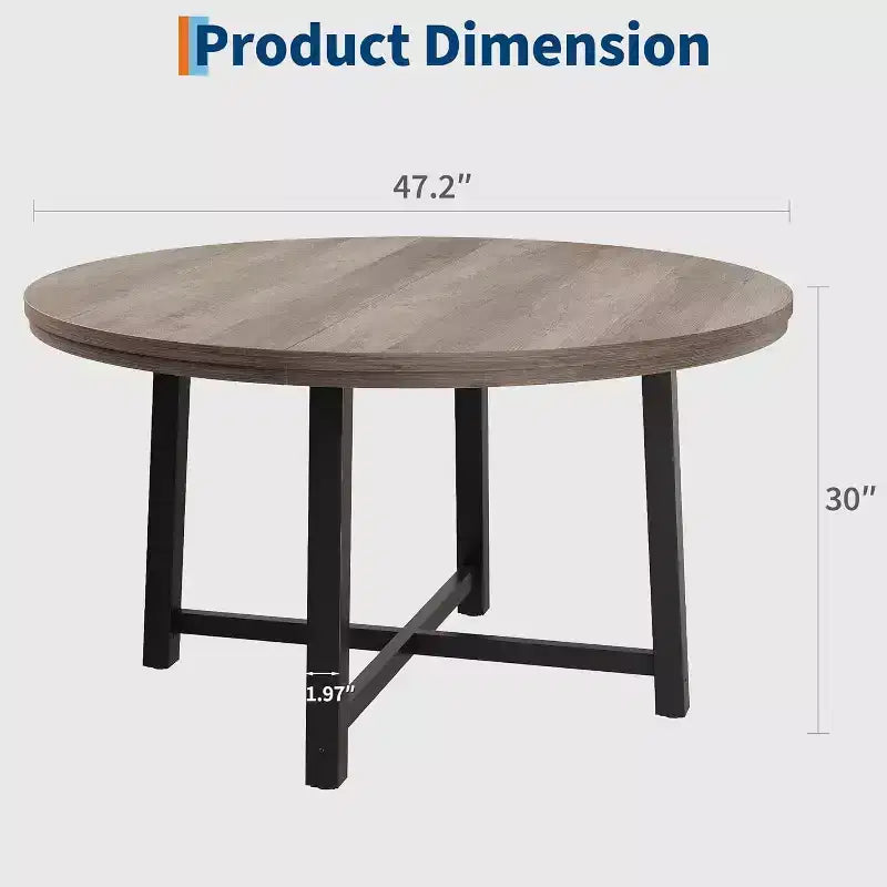 CuisinSmart Table à Manger Ronde de 120 cm, Table à Dîner Industrielle pour 4 à 6 Personnes, Table de Cuisine en Bois avec Cadre Métallique Robuste et Finition Rustique